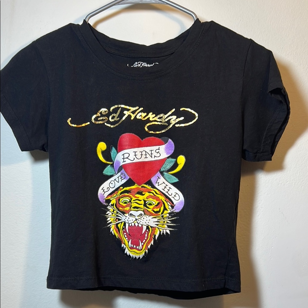 Ed Hardy Love Runs Wild Tiger Heart Baby Tee, Size: Medium Color Black